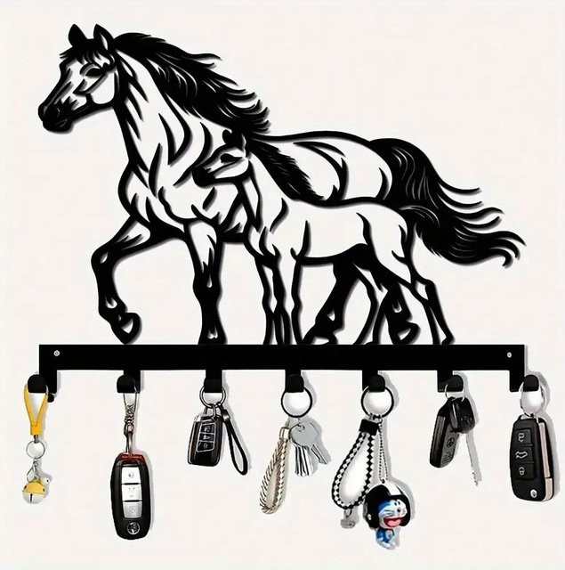 VaultKey Metall-Pferde-Wanddekoration mit 7 Haken als Garderobenständer in Schwarz oder Silber - Bild 1