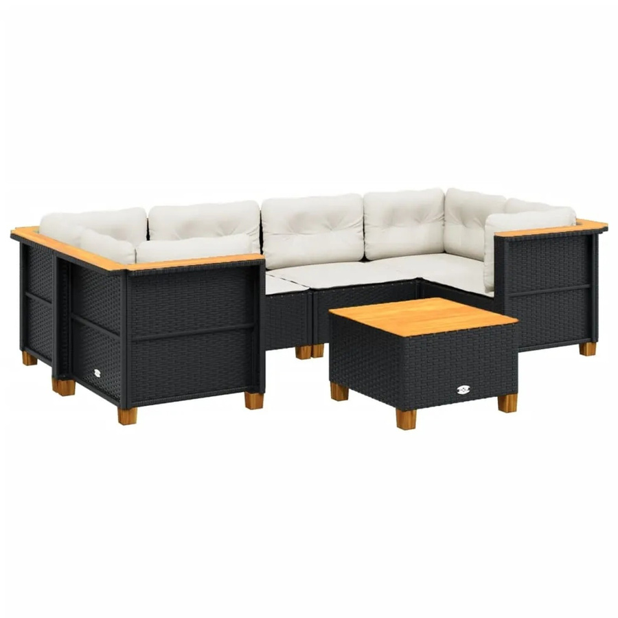 vidaXL 7-tlg Garten-Sofagarnitur aus Poly-Rattan in Schwarz mit Kissen und Akazienholz-Tisch - Bild 2