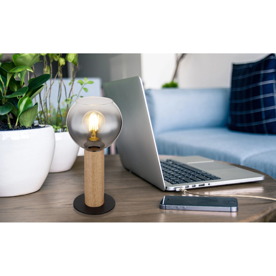 Globo Tischlampe Moitas 1-flammig Schwarz Matt mit rauchfarbenem Glasschirm, Durchmesser: 15 cm, Höhe: 30 cm - Bild 2