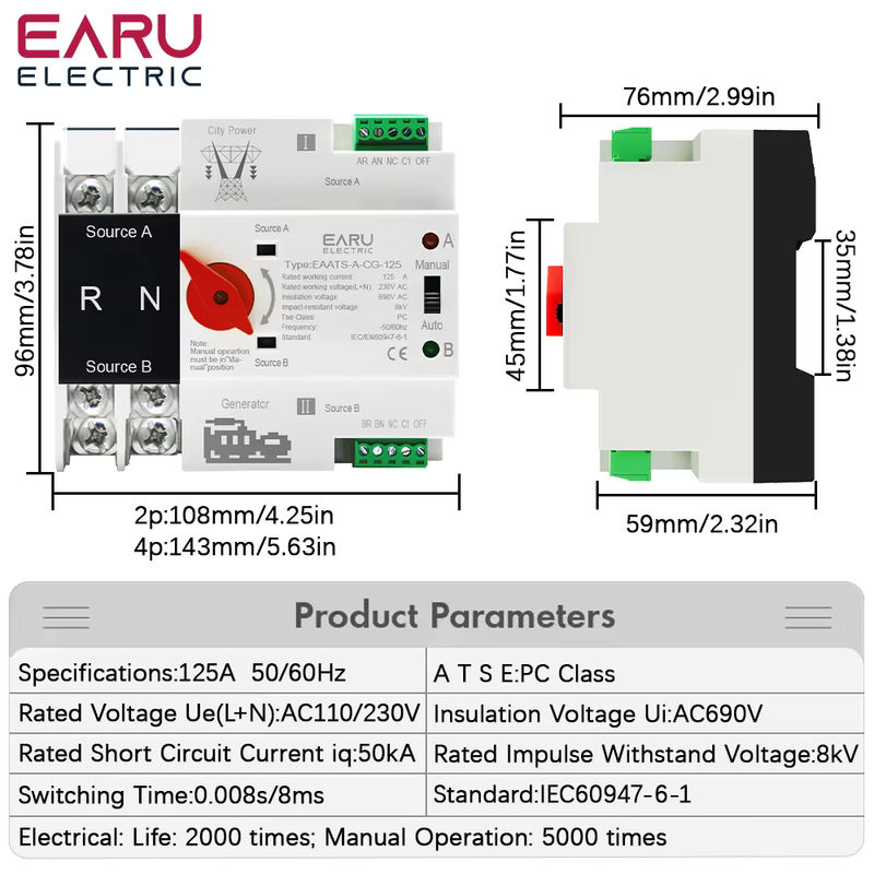 EARU Automatischer Umschalter ATS PV für Doppelstromversorgung, DIN-Schienen-Montage, 125A, AC 230V/110V, in Weiß - Bild 2