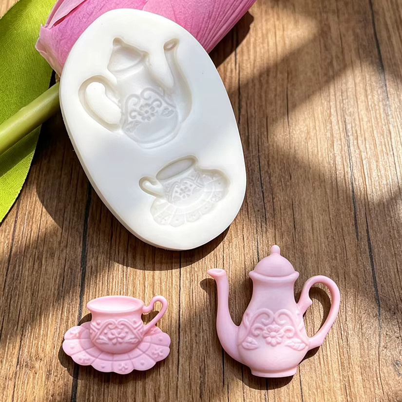 Fengying Silikonform Tea Party für Schokolade, Cupcakes und Fondant, Grau-Weiß, Oval - Bild 7