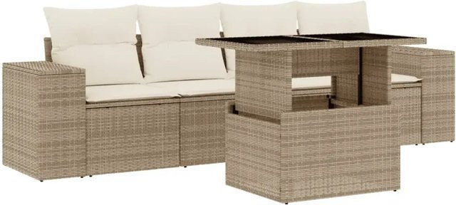 vidaXL 5-tlg Garten-Sofagarnitur aus Poly-Rattan mit Kissen in Beige und Cremeweiß - Bild 1