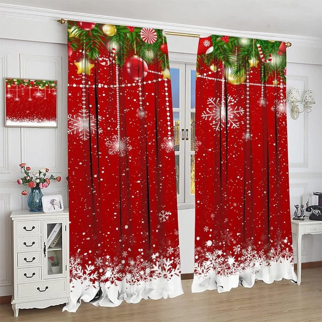2er-Set Weihnachts Vorhänge mit Schneemann und Baum Motiv in Rot, halbtransparent, Polyester, Höhe: 130 cm, Breite: 50 cm - Bild 1