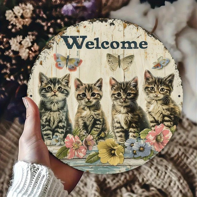 CIFBUY Metallschild Cute Cats Welcome Vintage Wanddekoration aus Aluminium, Durchmesser: 20,3 cm, Mehrfarbig - Bild 1