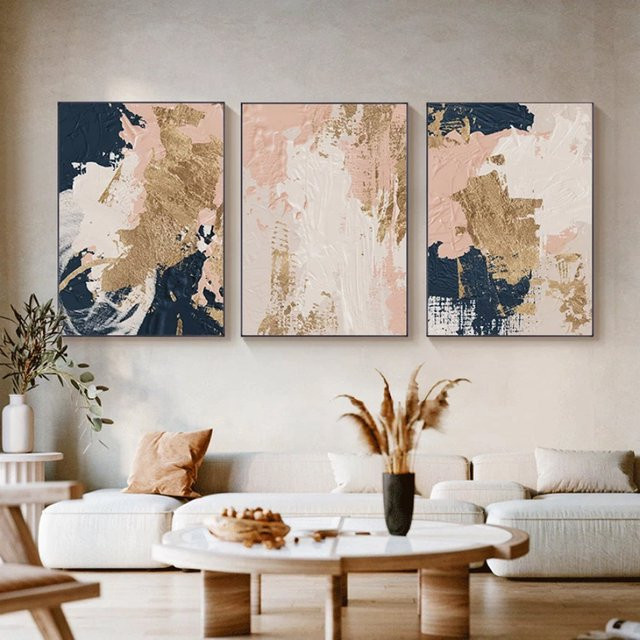 TPFLiving Luxus Poster Leinwand Set mit 3 abstrakten Motiven in Rosa, Beige, Gold und Schwarz, Breite: 30 cm, Höhe: 40 cm - Bild 1
