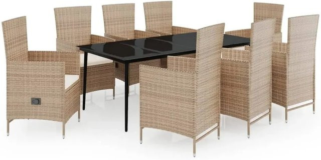 vidaXL 9-teilige Garten-Essgruppe aus PE-Rattan und pulverbeschichtetem Stahl in Beige mit Glasplatte und wetterfesten Auflagen - Bild 1