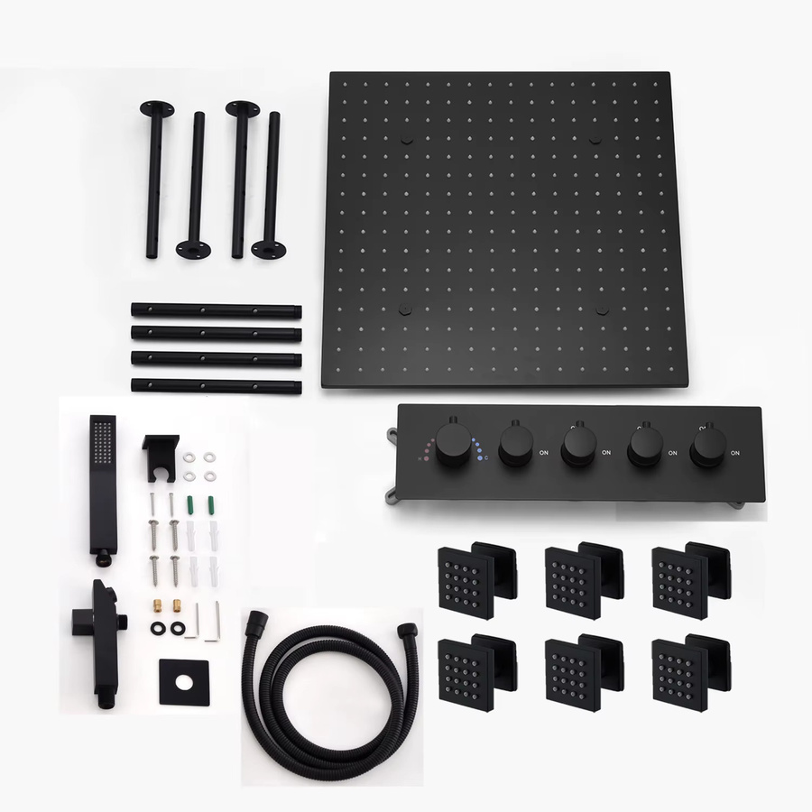SKY RAIN LED Duschkopf Set mit Temperaturregler und Massage Jets in Schwarz, 400 x 500 mm - Bild 2