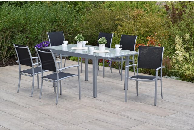 Merxx Milano Gartenmöbel Set 7-teilig mit ausziehbarem Gartentisch in Schwarz aus Aluminium und Textil, Tisch Breite: 120 cm bis 180 cm, Tiefe: 90 cm, Höhe: 75 cm - Bild 1