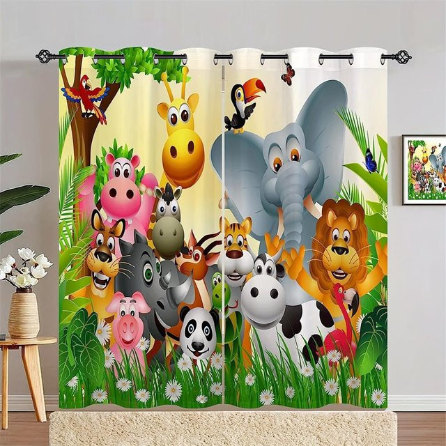 Yiran Furniture Safari Tiere Cartoon Dschungel Vorhänge aus Polyester, 2er-Set, Mehrfarbig, Breite: 65 cm, Höhe: 60 cm - Bild 1