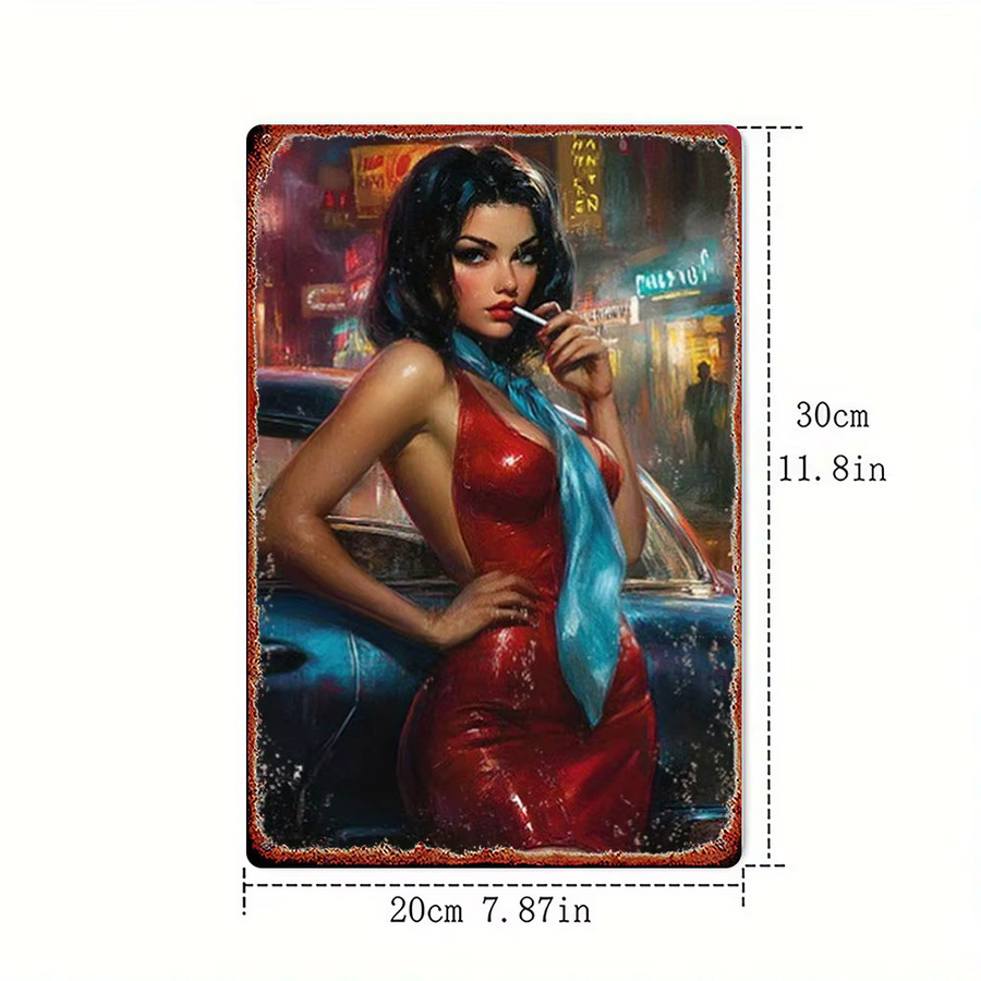 Retro Metall-Blechschild Hello Young Pin-up Girl Wandkunst Illustration in Multicolour, Rechteckig - Bild 2