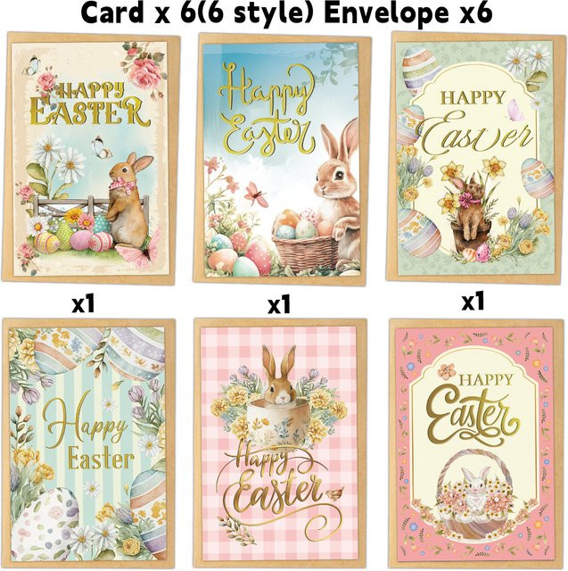 6er Set Oster-Grußkarten mit Umschlägen in Mehrfarbig mit Hase und Ostereier-Design aus Papier - Bild 1