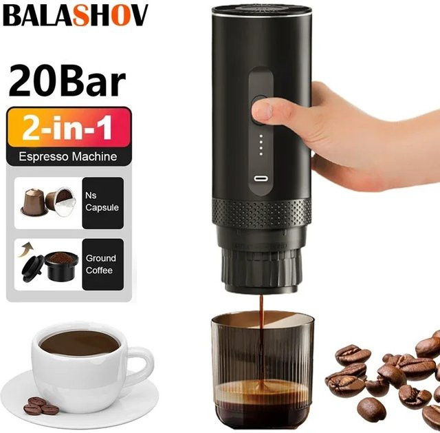 BALASHOV 2-in-1 kabellose elektrische Espressomaschine in Schwarz für Auto, Camping und Reisen zur Verwendung mit Kapseln und Pulver - Bild 1