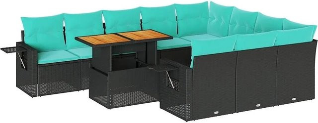 vidaXL 11-teilige Garten-Sofagarnitur aus schwarzem Poly-Rattan mit Kissen und pulverbeschichtetem Stahlgestell - Bild 1