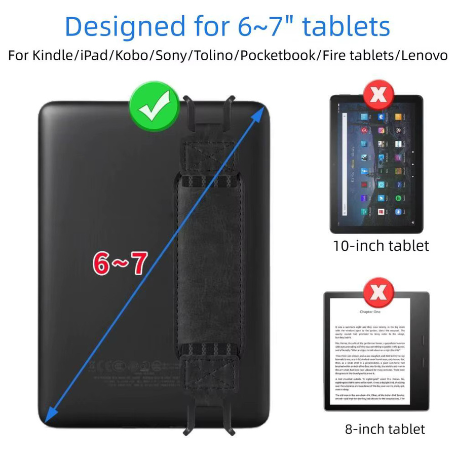 Universal E-Reader Sicherheit Handschlaufe Halter aus PU Leder in Schwarz für 6-7 Zoll Geräte wie Kindle, Kobo und Tablets mit Finger Grip und Gummibändern - Bild 3