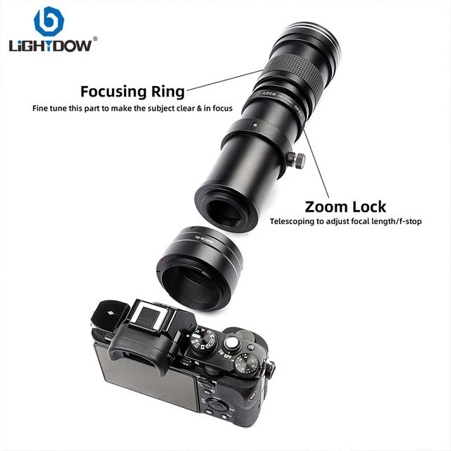 Lightdow Super-Teleobjektiv mit manuellem Zoom und T-Mount-Ring für Nikon, Canon, Sony, Fuji und Olympus, Schwarz, Brennweite 420–800 mm, Blende f/8.3-f/16 - Bild 1