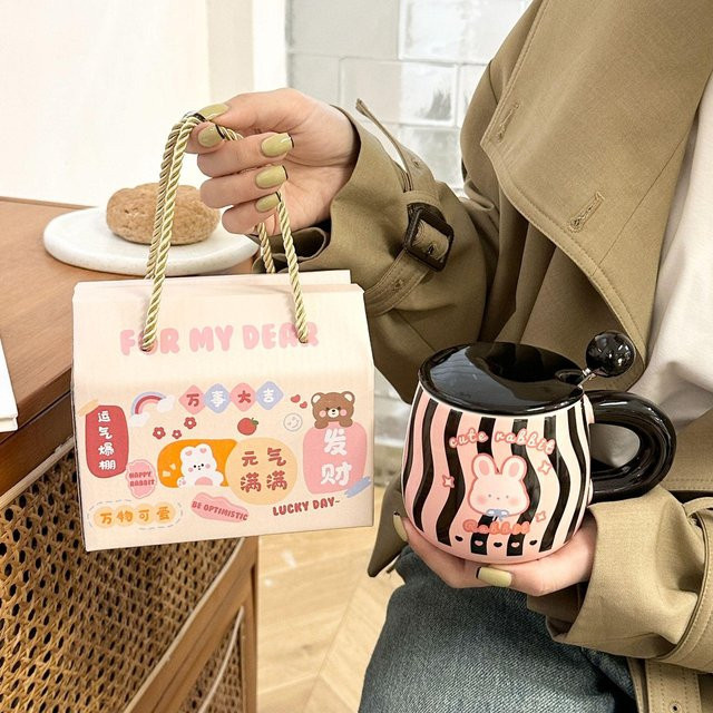 Keramische Katze-Tasse von Yiran toy 1 mit Deckel und Löffel, gestreift, 350,5 ml, Farben: Pink, Blau, Lila - Bild 1