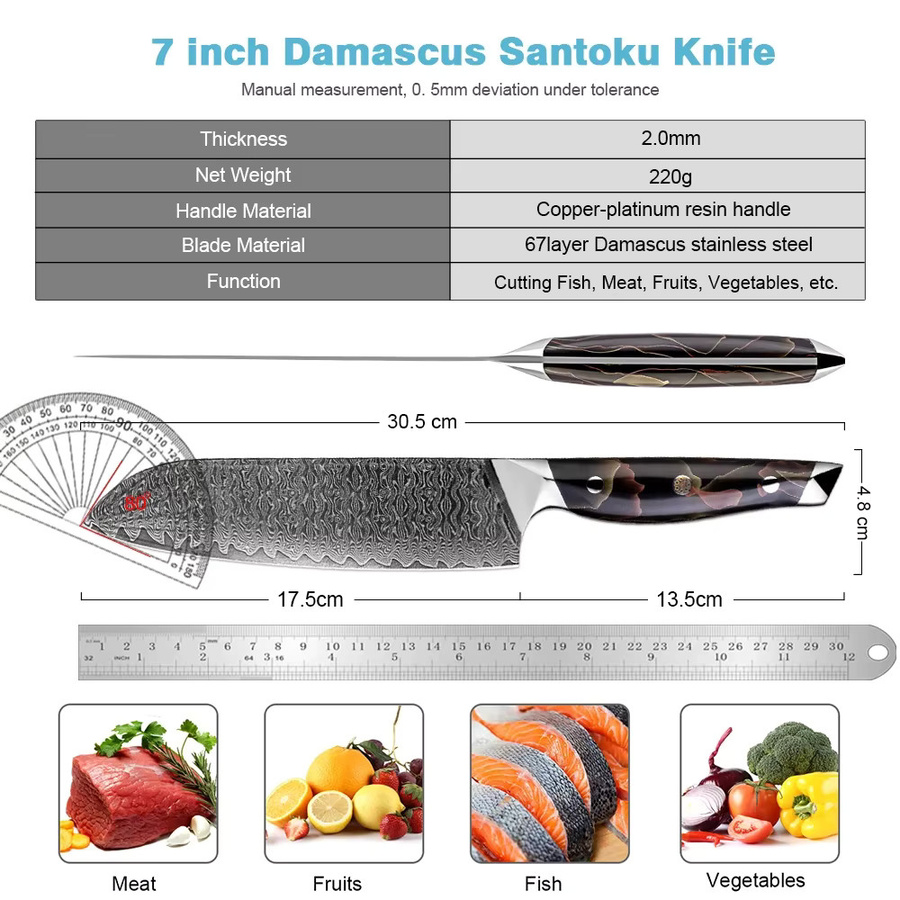 Xituo Santoku Kochmesser aus japanischem Damaststahl mit Kupfer-Platin-Harz Griff, 17,78 cm, Mehrfarbig - Bild 2