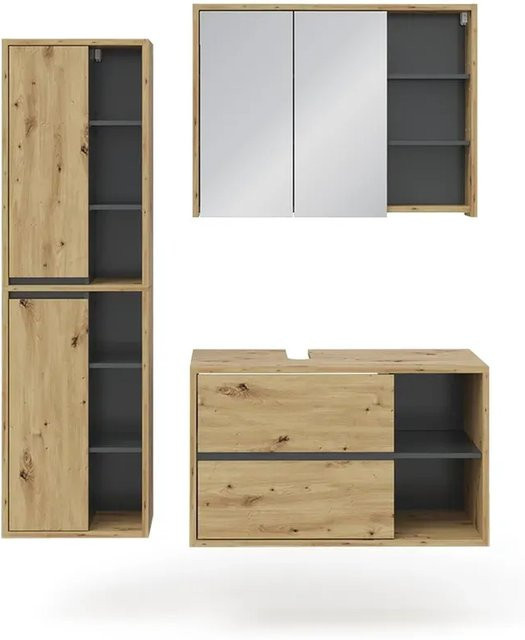 Vicco Badmöbel Set Viola in Eiche und Anthrazit bestehend aus Spiegelschrank, Hochschrank und Waschtischunterschrank - Bild 2