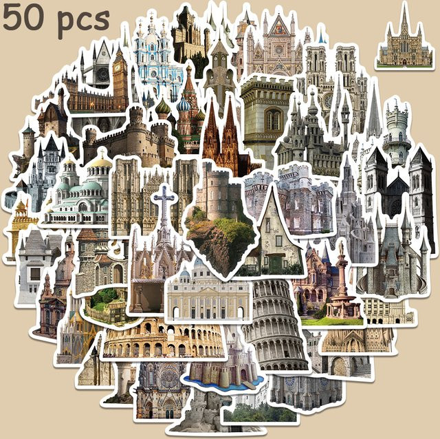 50 Stück Retro Aufkleber mit mittelalterlicher Burg Architektur für Tagebuch und DIY Dekoration, Mehrfarbig - Bild 1