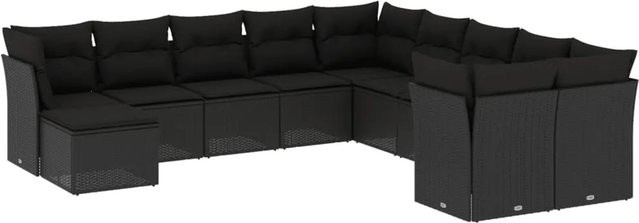vidaXL 11-tlg. Garten-Sofagarnitur in U-Form aus schwarzem Poly-Rattan mit Kissen und pulverbeschichtetem Stahlgestell - Bild 1