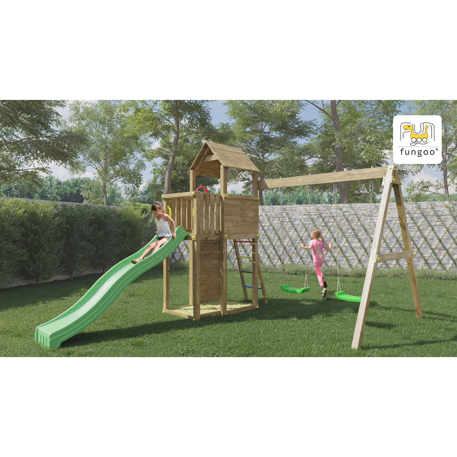 Fungoo Spielturm Boomer 3 Klettergerüst aus Teak mit Rutsche, Doppelschaukel, Leiter, Kletterwand und Holzdach - Bild 2