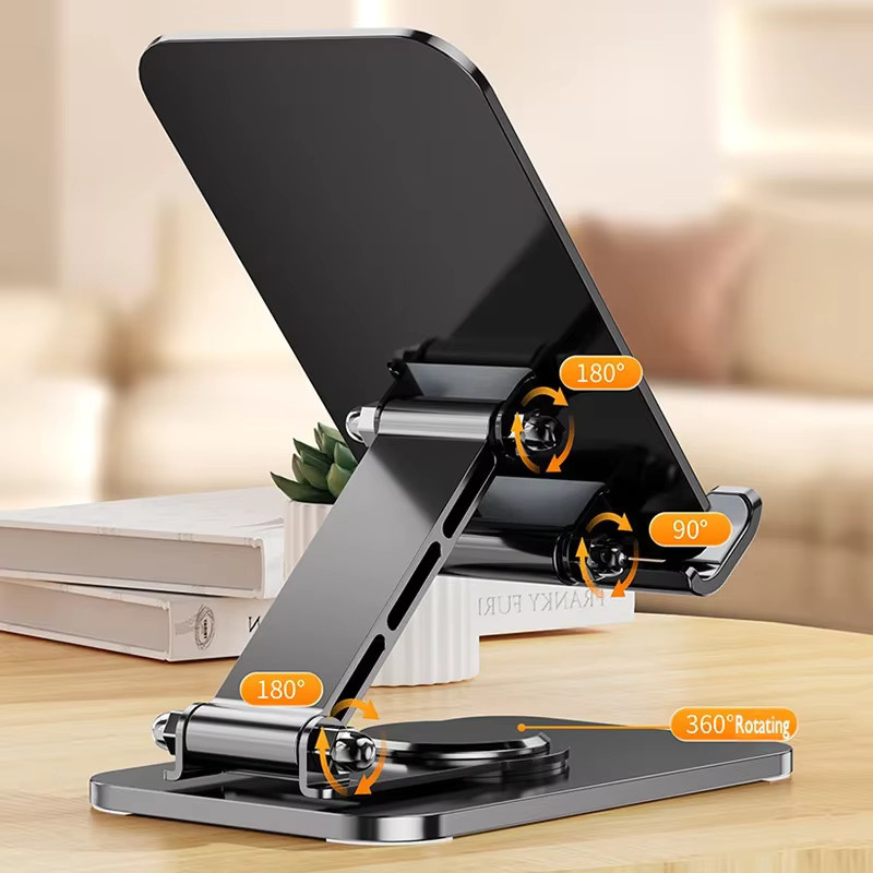 Tragbarer und faltbarer Handy-Ständer aus Aluminiumlegierung in Schwarz mit 360 Grad Drehung für Desktop und Live-Streaming - Bild 3