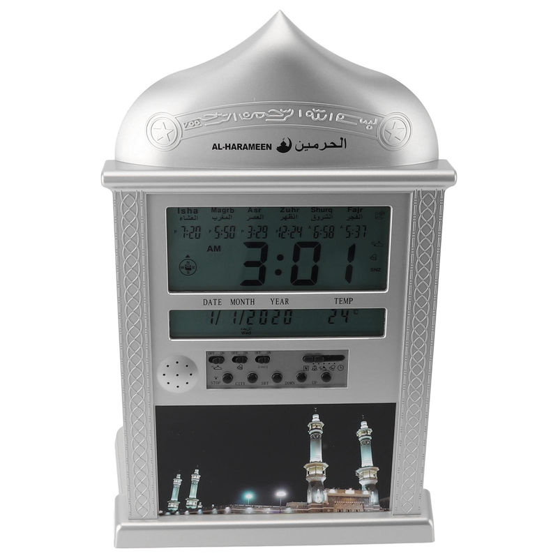 Digitale Azan Gebetsuhr von Tooarts mit Wecker und Datumsanzeige, multifunktionale muslimische Wanduhr in Silber - Bild 3