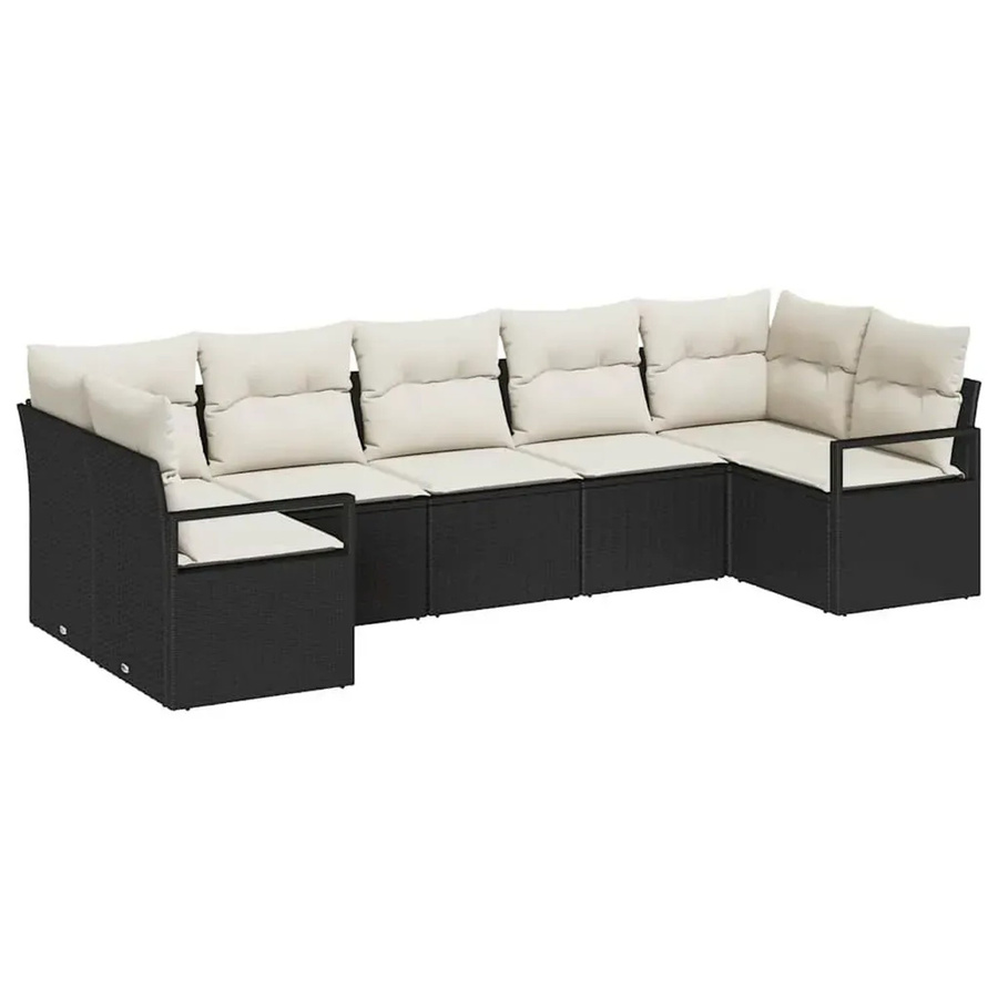 vidaXL Garten-Sofa-Set 7-teilig aus Polyrattan in Schwarz und Beige mit Polsterung und Kissen für Terrasse und Garten - Bild 2