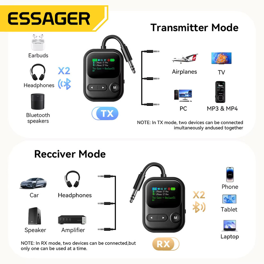 Essager Bluetooth 6.0 Sender und Empfänger 2-in-1 Adapter mit LED-Anzeige und Mikrofon in Schwarz für Autolautsprecher via 3,5 mm AUX - Bild 3