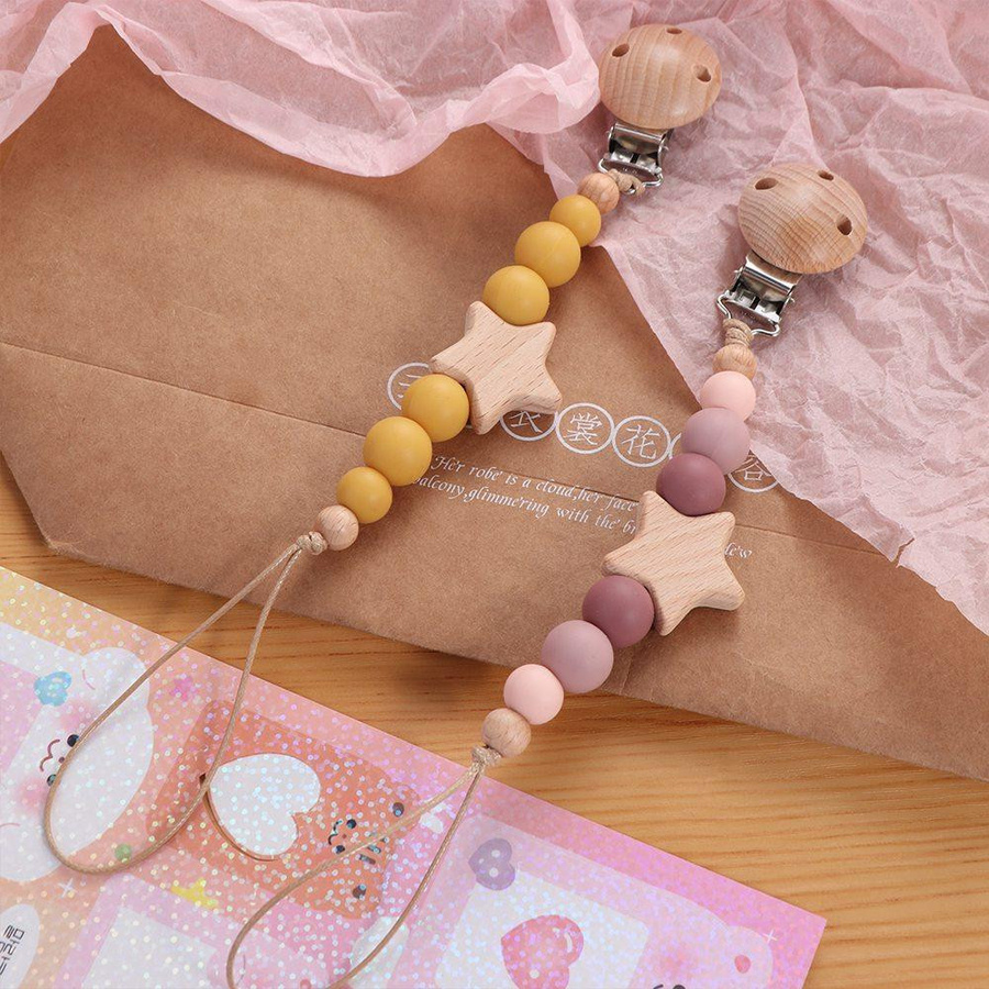 Schnullerkette für Mädchen von dashiyes00w in Rosa mit Silikon und Holz als Schnullerhalter und Beißring - Bild 2