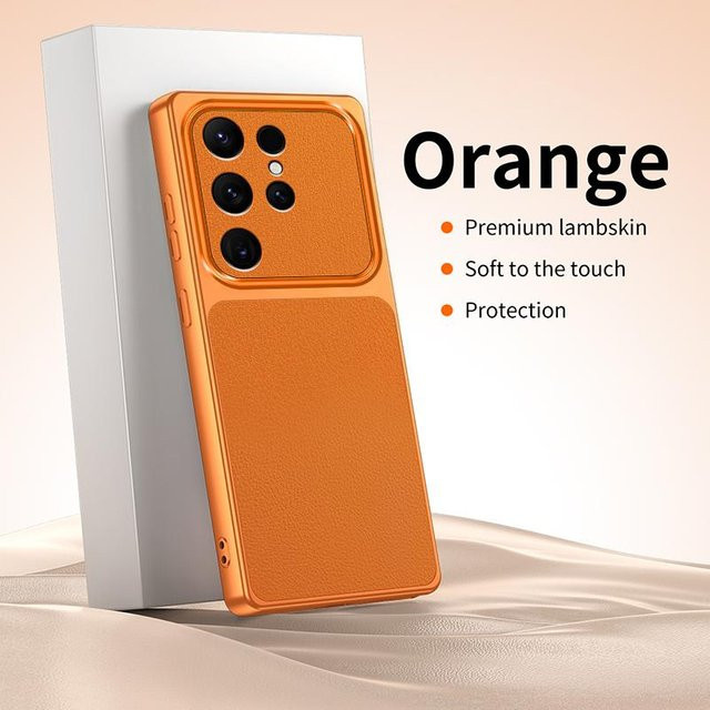 Lammleder Hülle mit Kameraschutz und Silikonbeschichtung für Samsung Galaxy S26 Ultra S25 S24 S23 S22 S21 Ultra Plus FE in Transparent oder Orange - Bild 1