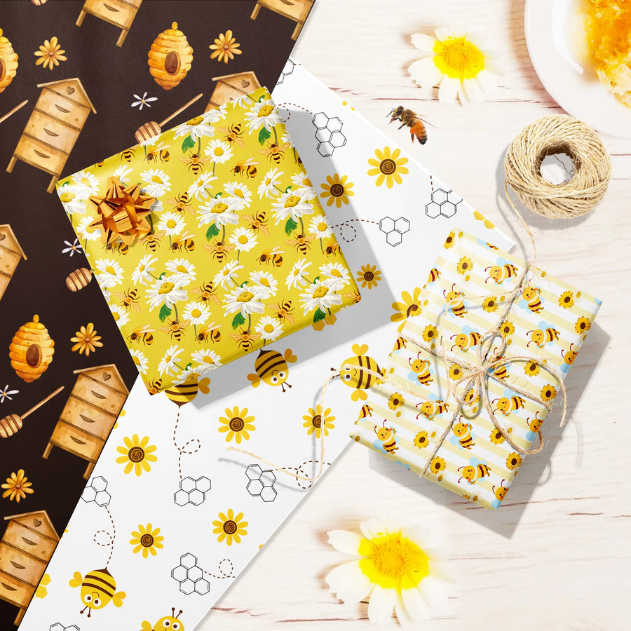 12 Stück Dekoratives Geschenkpapier mit Cartoon Honigbiene und Frühlingsmuster in Gelb für DIY Bastelarbeiten und Babypartys - Bild 2
