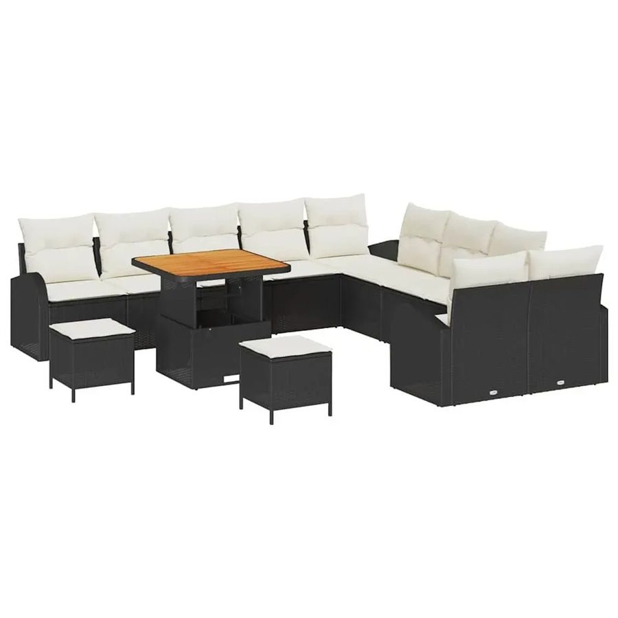 vidaXL Garten-Sofa-Set 13-teilig aus Poly-Rattan und Akazienholz in Schwarz-Creme mit Kissen - Bild 2
