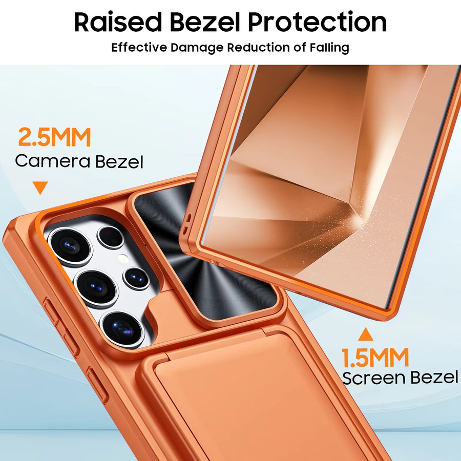 BANGZAO Handyhülle für Samsung Galaxy S24 Ultra mit Kartenhalter und RFID-Blockierung, stoßfeste Militär-Schutzhülle mit Kameraabdeckung, Orange - Bild 4