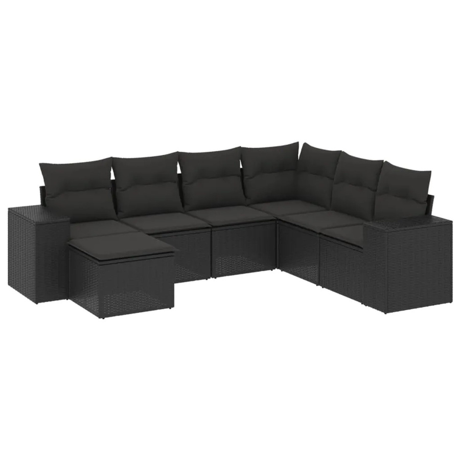 vidaXL 7-tlg. Garten-Sofagarnitur in L-Form aus schwarzem Poly-Rattan mit Kissen und pulverbeschichtetem Stahlgestell - Bild 2