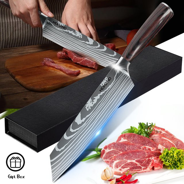 MDHAND Damaststahl Küchenmesser Kiritsuke für Fleisch, Sushi und Grillen, Silber und Braun mit Holzgriff - Bild 1