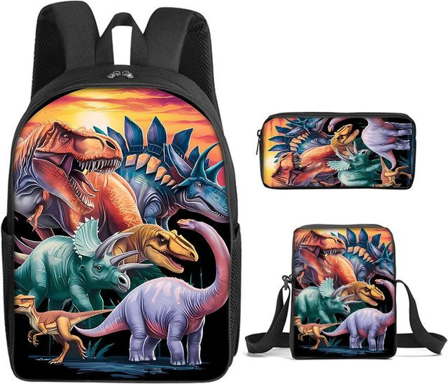 BAOERYE 3-teiliges Set für Kinder mit Dinosaurier-Motiv bestehend aus Schultasche, Umhängetasche und Federmäppchen in Multicolour - Bild 1