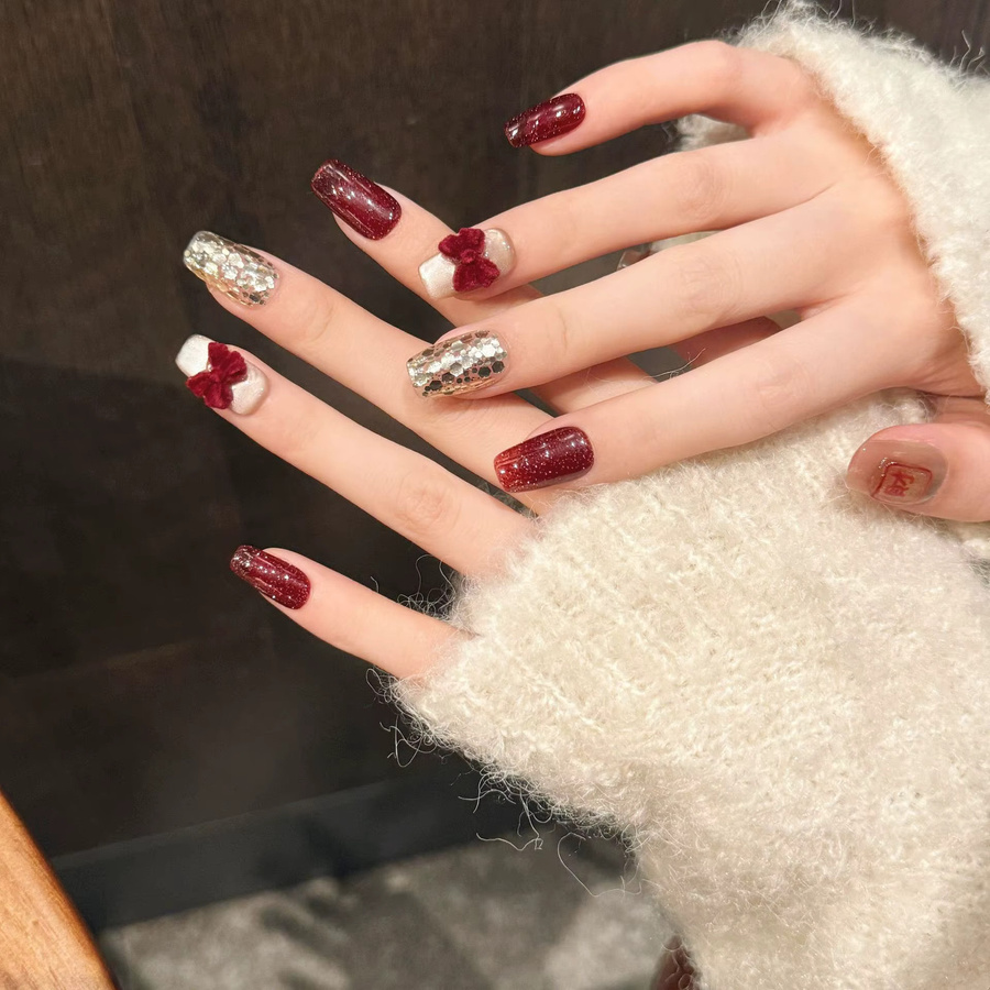 YADORNOS Press on Nails, Rot, Glitzer Pailletten, Schimmernd, Unisex - Bild 4