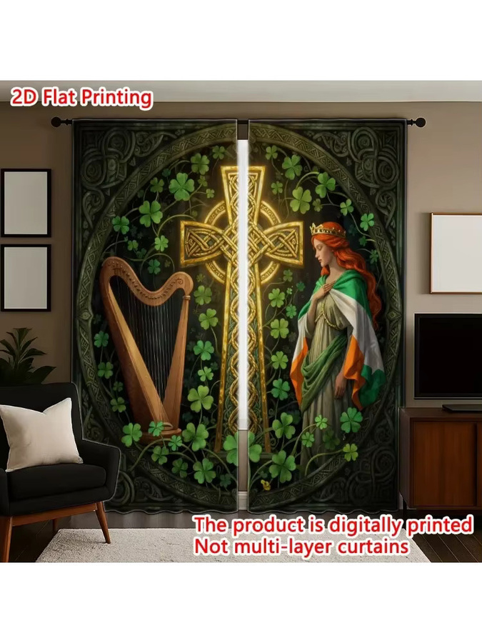 VOZMIO 2er Set St. Patrick's Day Vorhang mit keltischem Kreuz, Harfe und Mädchen in Multicolour - Bild 6
