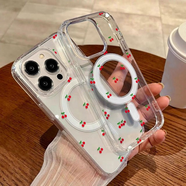 Magnetische Silikon Handyhülle mit Kirsch-Design für Apple iPhone Modelle, transparent, stoßfestes Cover - Bild 1