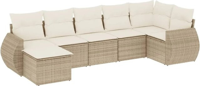 vidaXL 7-tlg. Garten-Sofagarnitur in L-Form aus Poly-Rattan mit Kissen in Beige-Creme - Bild 1