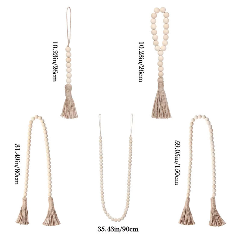 Handgefertigte Boho-Girlande aus Holzperlen und Jute-Quasten in Beige zur Wanddekoration - Bild 4