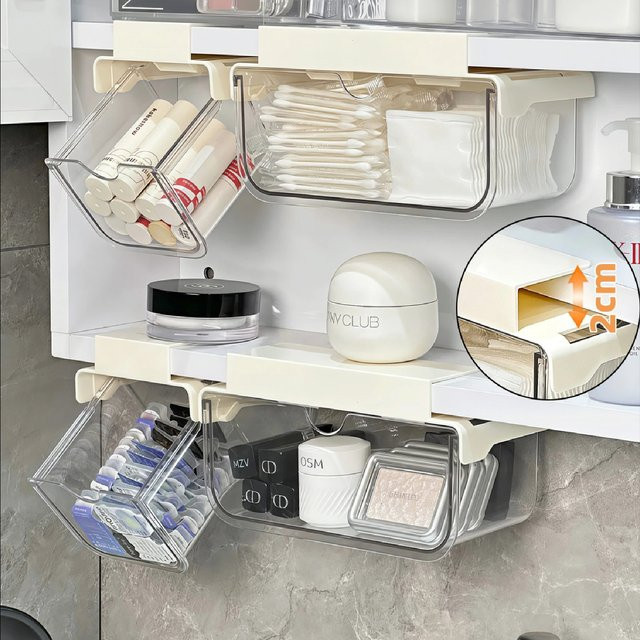 Enyawell Unterschrank-Schubladenorganizer in Beige und Transparent als Hängeorganizer für Badezimmer zur Aufbewahrung von Wattestäbchen, Make-up-Pads und Kosmetik - Bild 1