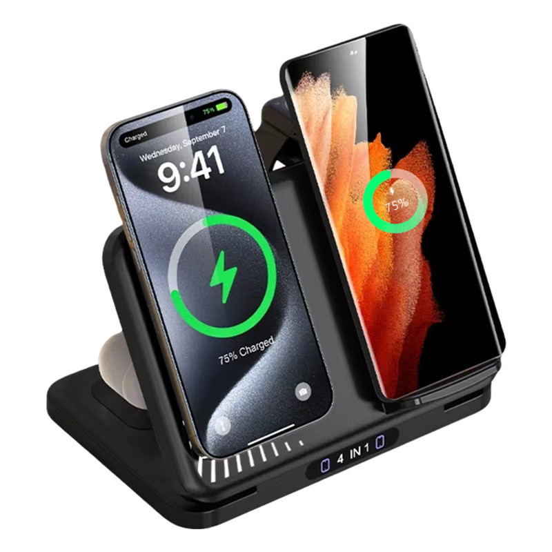 VIKEFON 4-in-1 Dual-Handy Kabelloses Ladegerät Magnetischer Schnellladeständer für iPhone, Samsung, Xiaomi und Apple Watch in Schwarz - Bild 1