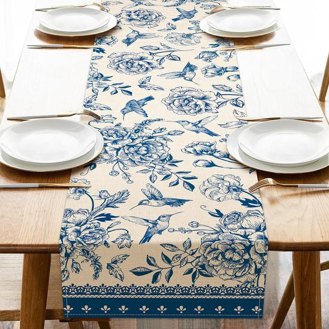 JINGYUE Pet Tischläufer aus Leinen mit blau-weißem Blumen- und Vogelmuster für Küche und Hochzeit, B/H: 150 x 33 cm - Bild 1