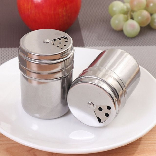 Mehrzweck-Gewürzglas aus Edelstahl in Silber mit drehbarer Abdeckung für Salz, Zucker und Pfeffer - Bild 1