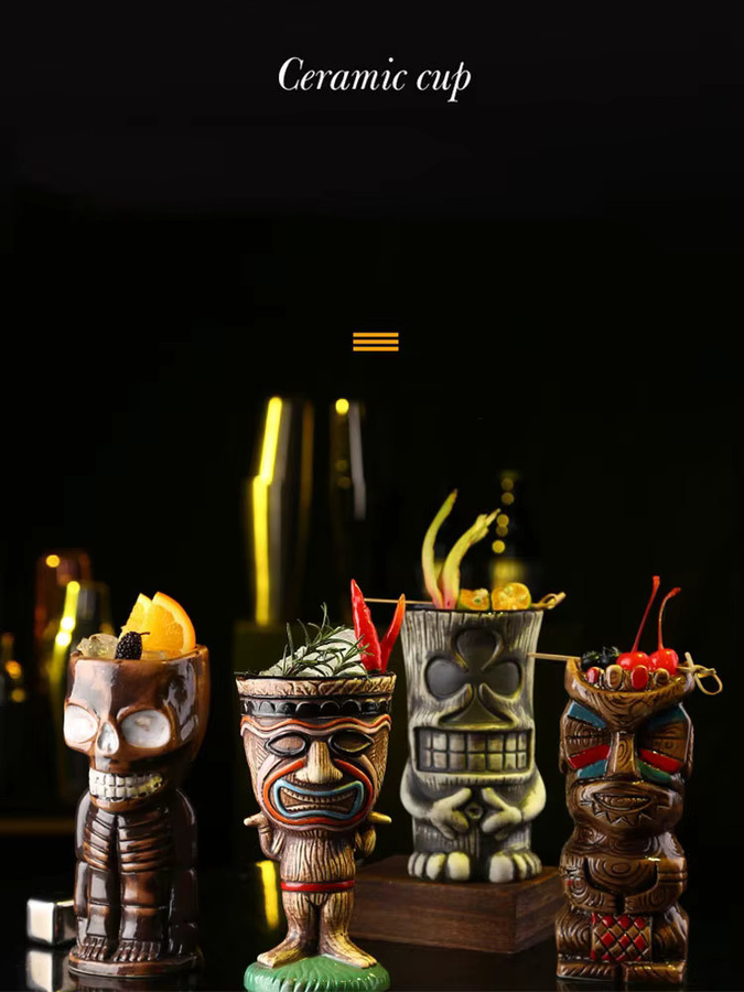 Cocktailgeek Tiki-Tassen aus Keramik in Braun und Multicolour für deine hawaiianische Luau-Party - Bild 2