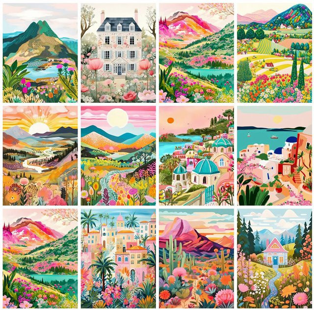 Momoart Malen nach Zahlen Set Berglandschaft mit Blumenhaus auf Leinwand, Mehrfarbiges Ölgemälde Kunsthandwerk für dein Zuhause - Bild 1