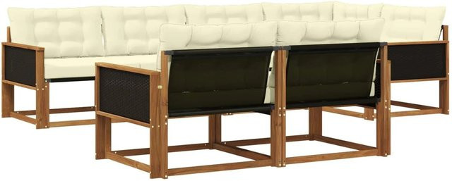 vidaXL Outdoor-Sofagarnitur L-Form aus Akazienholz mit Textilene und Kissen, Farbe: Braun, Beige und Weiß - Bild 1