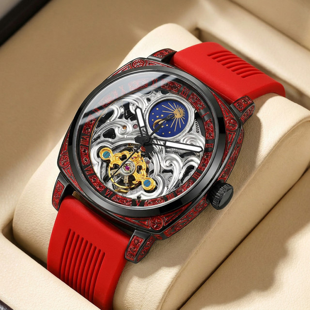 CAROTIF Herrenuhr, Analoguhr, rotes Zifferblatt, Legierung, Vintage - Bild 1
